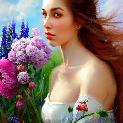 Prompt: a portrait of a romantic woman with flowers grow out of hair, roses peonies forget-me-nots dahlias lupins gladioli, sky theme in background, by Alexandr Averin, Digital Art, Trending on artstation