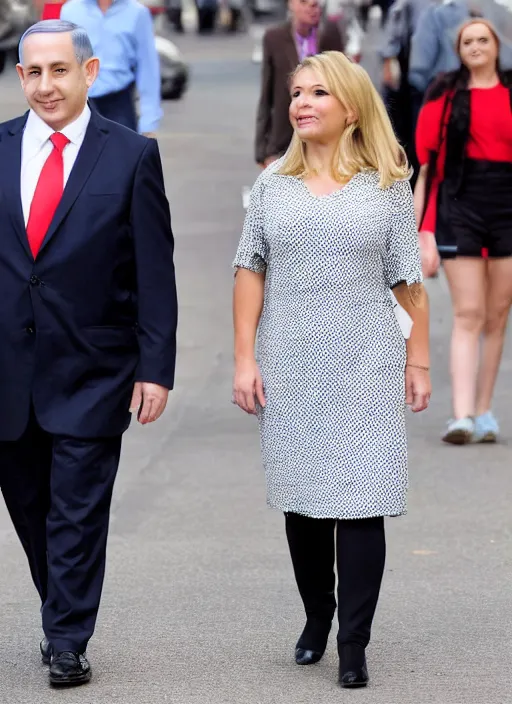 Image similar to midget benjamin netanyahu walking next to giant sarah netanyahu