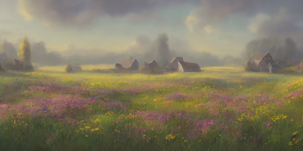 Image similar to a matte painting of a european prairie, cottages, foggy, patchy flowers, oil painting, pale colors, high detail, 8 k, wide angle, trending on artstation,