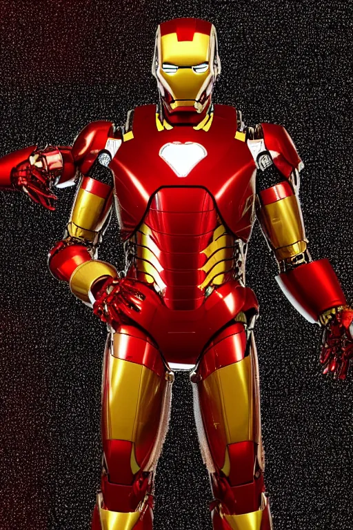 Image similar to portrait photo of michael jackson wearing a giant huge golden and red metal futuristic steampunk iron man suit with a red guitar covered with multicolored big gears and tubes, eyes are glowing red lightbulbs, shiny crisp finish, 3 d render, 8 k, insaneley detailed, fluorescent colors, background is multicolored lasershow