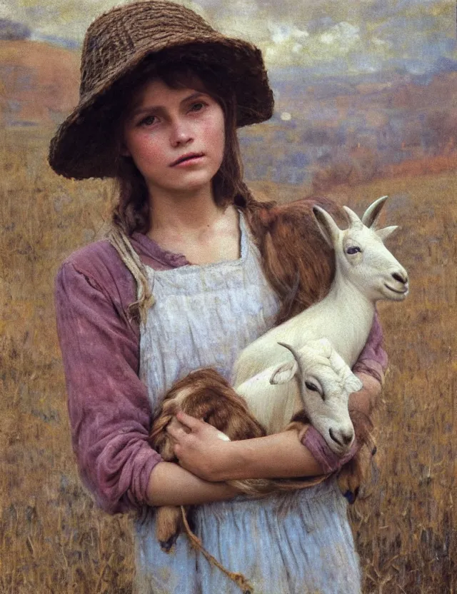 Image similar to portrait of peasant girl holding goat in her hands, cottage core, cinematic focus, polaroid photo bleached vintage pastel colors high - key lighting, soft lights, foggy, by steve hanks, by lisa yuskavage, by serov valentin, by tarkovsky, 8 k render, detailed, oil on canvas