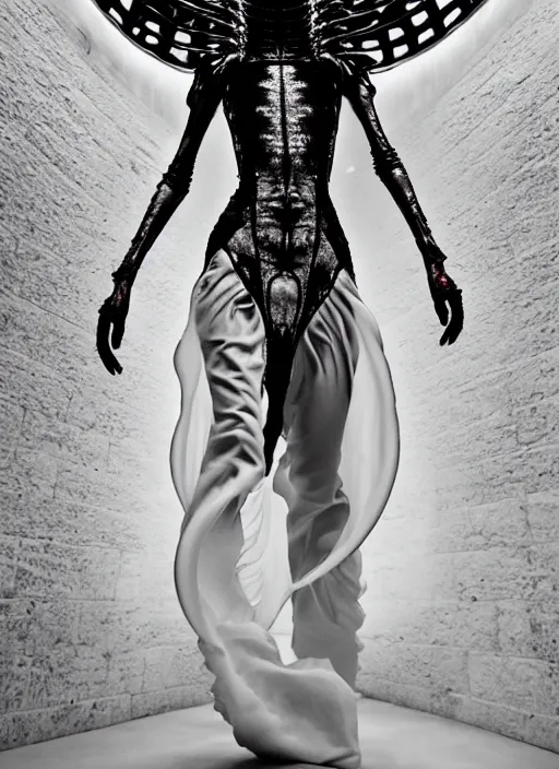 Prompt: walking down the catwalk, steven klein, show, stage, vogue photo, podium, fashion show photo, historical baroque dress, iris van herpen, beautiful woman, full body shot, masterpiece, alien, plant predator, guyver, jellyfish, white biomechanical details, highly detailed