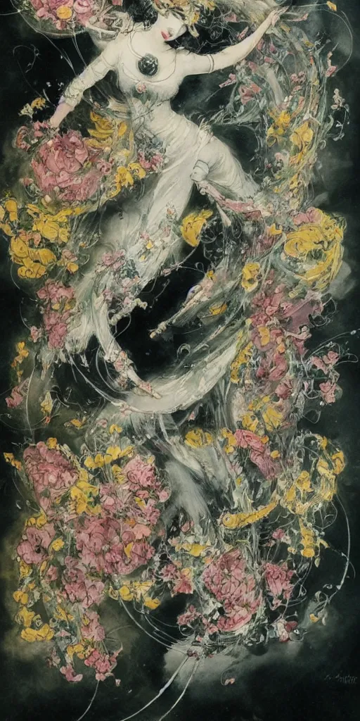 Prompt: Louis Icart, an old elaborate painting of an abstract robot tornado made entirely out of flowers, highly detailed, swirling, flowing, dancing, dreaming, bursting with positive energy, happy, creative, masterpiece