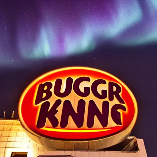 Image similar to the burger king logo formed through arctic northern lights, 8 k, hyperdetailed, award - winning