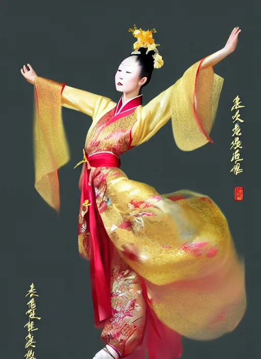 Prompt: full body portrait of a chinese dancer doing a silk ribbon dance, feet, barefoot, full body, lean, vivacious, extremely beautiful, elaborate gold jewelry, hanfu, traditional chinese clothes, silk ribbons, large ribbons, ming dynasty, detailed, realistic face, anatomically accurate, fantasy art, in the style of ghostblade, wlop.