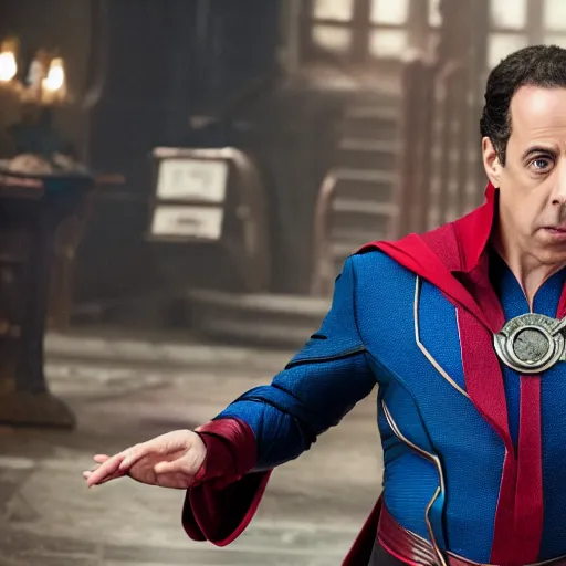 Prompt: film still of Jerry Seinfeld as Doctor Strange in the Multiverse of Madness