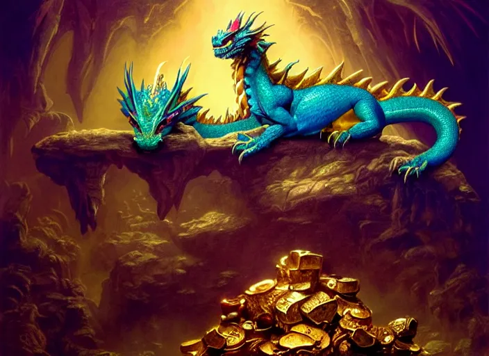 Image similar to colorful cute dragon asleep on a pile of treasure, dramatic light, dungeon background, treasure, gold, jewels, treasure pile, high detail, fantasy background, painted todd lockwood, jeff easley, greg rutkowski, james gurney, artgerm, digital art, trending on artstation