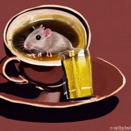 Prompt: rat is sitting inside a cup of tea and drinks it with a lot blush