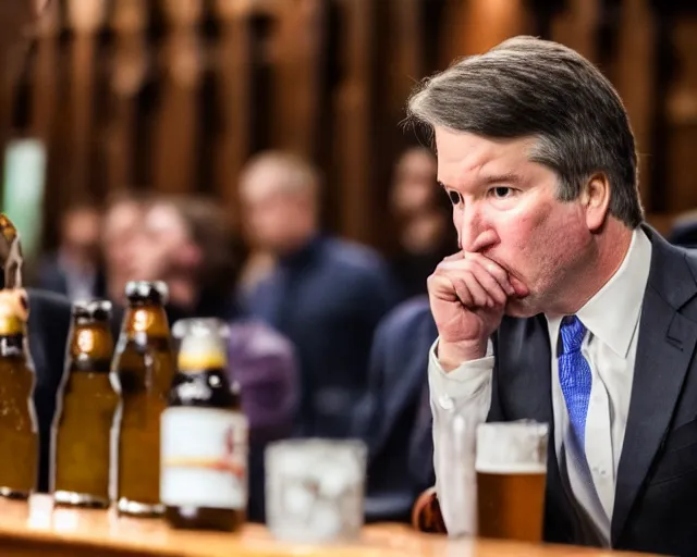 Prompt: photo of brett kavanaugh staring longingly at beer, 5 0 mm f / 2. 8, dramatic, color photo, emotional