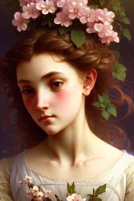 Prompt: sad flower girl, highly detailed, wonderful eyes, cute, digital painting, artstation, smooth, clear focus, illustration, art by artgerm and greg rutkowski, alphonse mucha, william - adolphe bouguereau, style by emile vernon