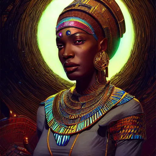 Prompt: highly detailed portrait of an african egyptian goddess, neon ankh, stephen bliss, unreal engine, fantasy art by greg rutkowski, loish, rhads, ferdinand knab, makoto shinkai and lois van baarle, ilya kuvshinov, rossdraws, tom bagshaw, global illumination, radiant light, detailed and intricate environment