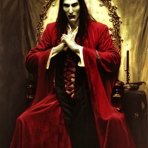 Prompt: perfectly centered portrait of attractive vampire king dracula in a robe sitting on a throne of bones, highly detailed painting by gaston bussiere, craig mullins, j. c. leyendecker, 8 k