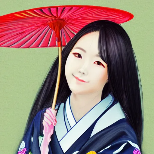 Prompt: centered portrait of beautiful Kawai Japanese girl in kimono holding an umbrella, hyperdetailed, digital painting, trending on CG society