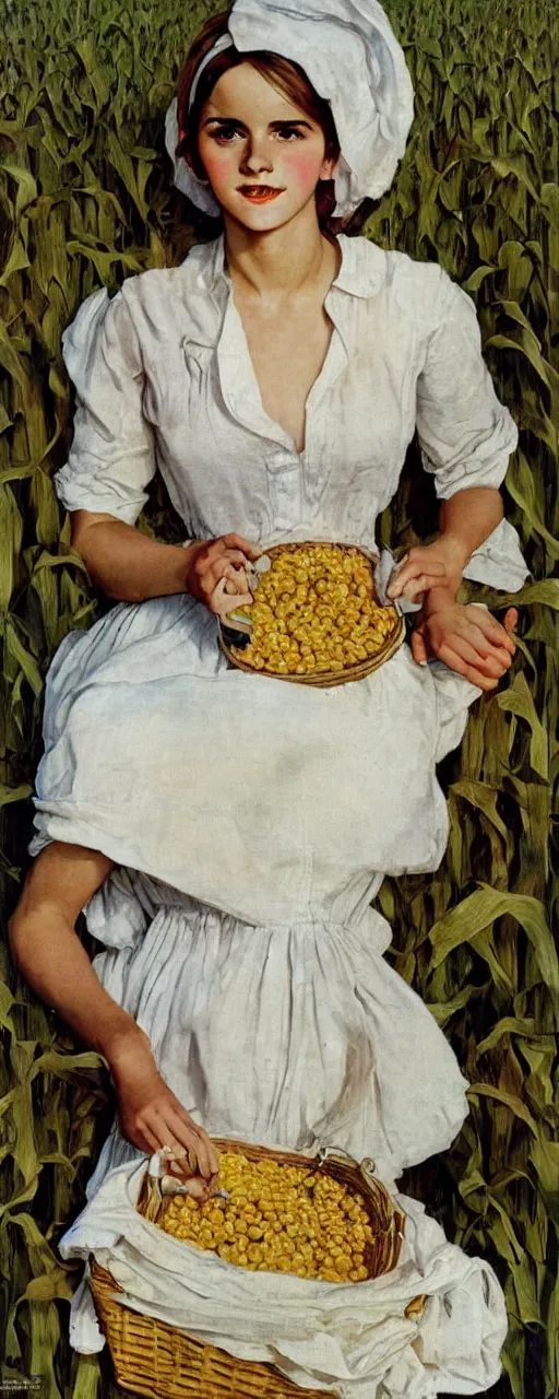 Image similar to photo photorealistic medium shot head and chest portrait photograph Emma Watson picnic in a corn field 1950s portrait by Norman Rockwell