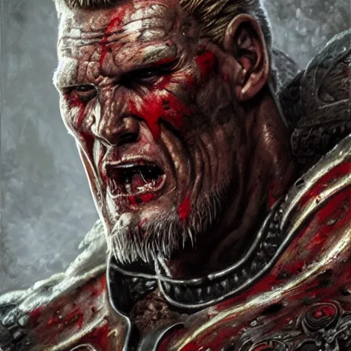 Image similar to closeup portrait shot of dolph lundgren as khorne, the blood god, lord of skulls, kharneth, battle, rage, highly detailed, digital painting, artstation, concept art, soft focus, depth of field, artgerm, tomasz alen kopera, peter mohrbacher, donato giancola, wlop, boris vallejo