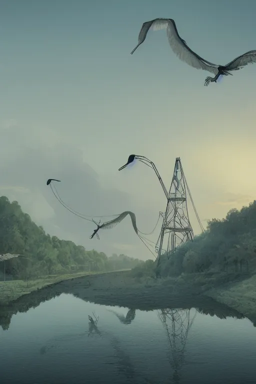 Prompt: A detailed matte painting of two cranes flying upwards from the river, water dripping, evening, close-up view, Moebius, Artstation