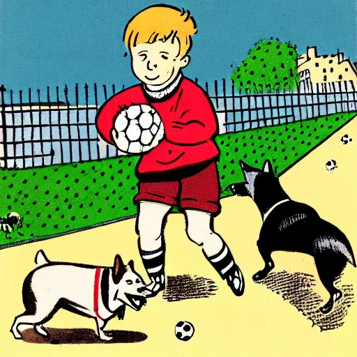 Prompt: illustration of french boy on the streets of paris playing football against a corgi, the dog is wearing a polka dot scarf, comic, 1 9 6 6