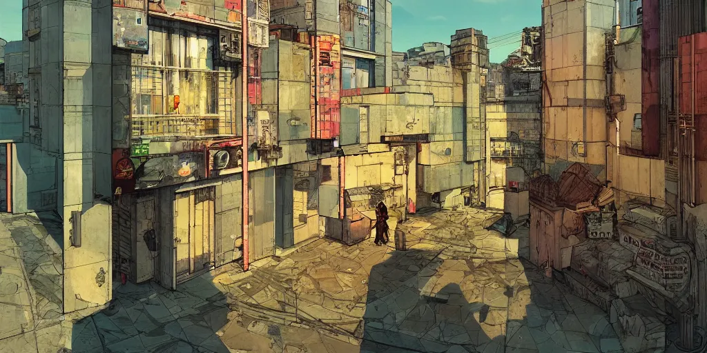 Image similar to neo brutralism, concrete housing, concept art, colorful, vivid colors, light, shadows, reflections, 3D, in the style of Akihiko Yoshida and Edward Hopper