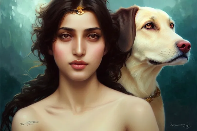 Prompt: sensual good looking pale young bengali girl with soulful eyes with a cream labrador retriever and a majestic german shepherd, portrait, elegant, intricate, digital painting, artstation, concept art, smooth, sharp focus, illustration, art by artgerm and greg rutkowski and alphonse mucha