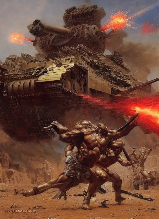 Image similar to steroid minotaur destroys army tank, dynamic action, by lawrence alma - tadema and zdzislaw beksinski and norman rockwell and jack kirby and tom lovell and greg staples, artstation creature art