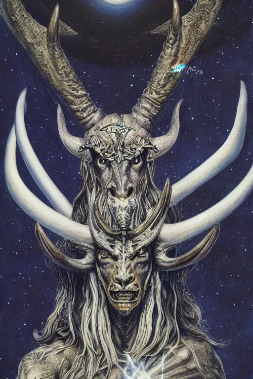 Image similar to sideview waist up portrait of baphomet with big antler, starship made with porcelain by jeff easley and peter elson, beautiful eyes and face, symmetry face, galaxy, gothic, surreal, dread, highly detailed, intricate complexity, epic composition, magical atmosphere, masterpiece, award winning, trending on artstation