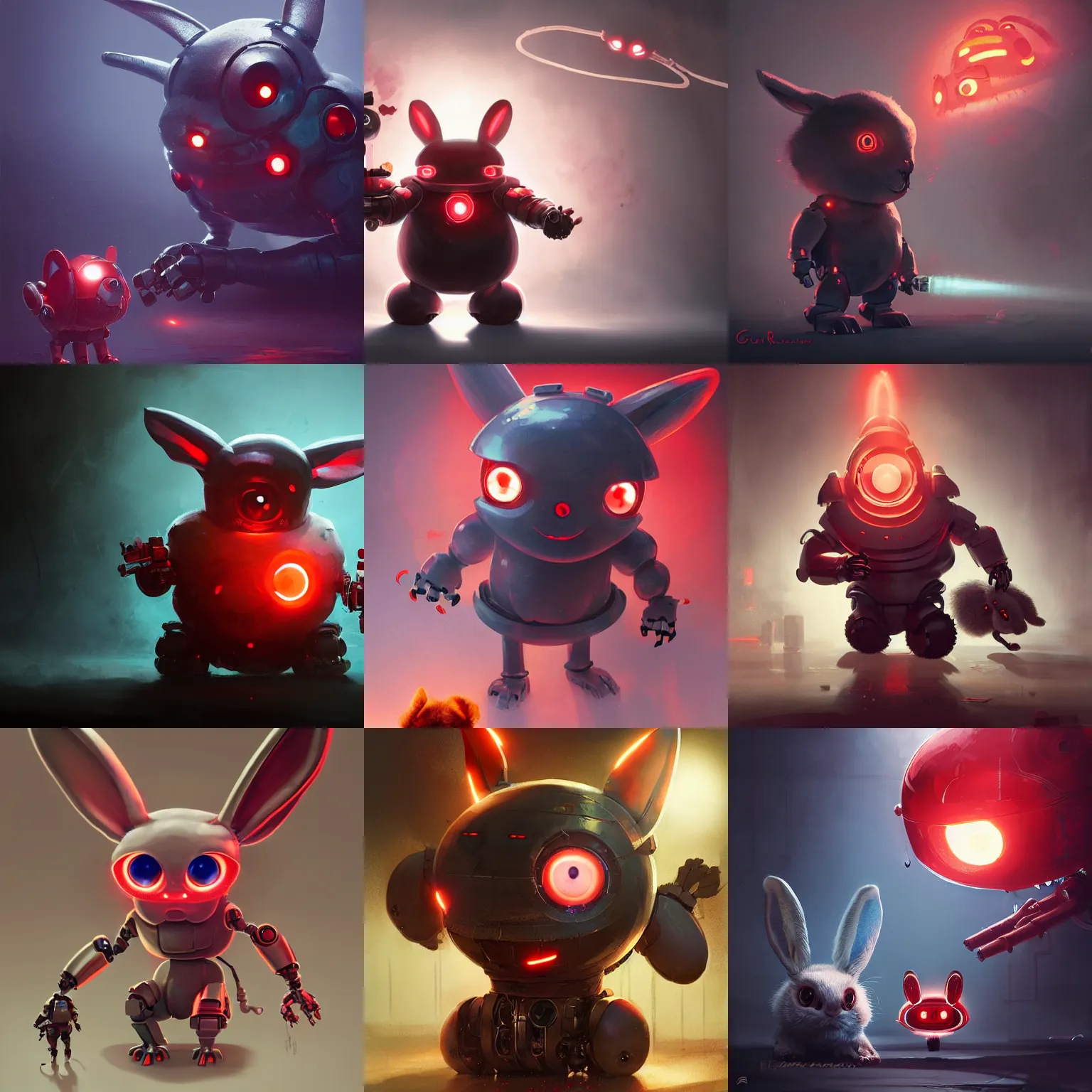 Prompt: cute chubby dangerous angry 3 years old robot child with big glowing red eyes and big rabbit ears , big complex belly mechanism , studio light, retro design by greg rutkowski