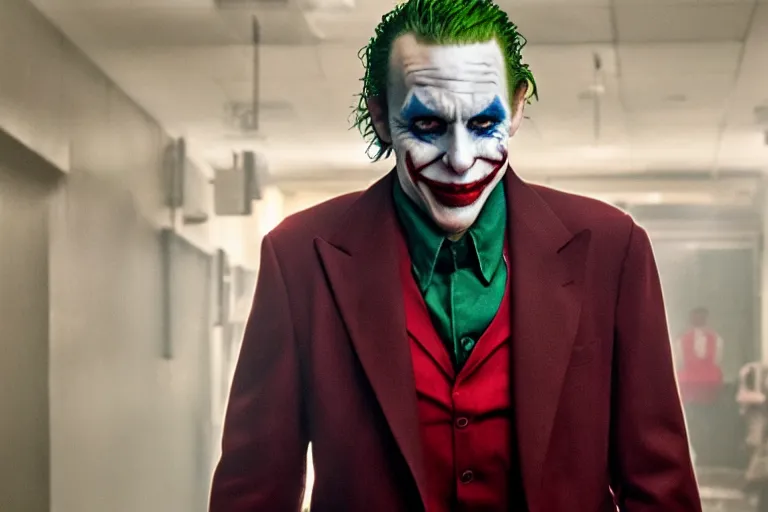 Image similar to a cinematic photograph of adam sandler as the joker, film still, 8 k, super realistic, cinematic lighting, by matt reeves