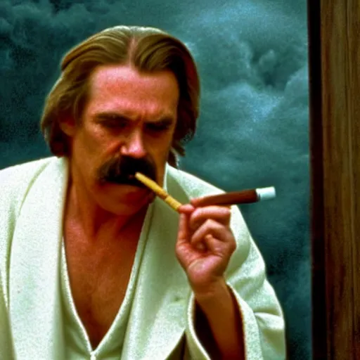 Image similar to friedrich nietzsche appearing in the movie the big lebowski as the dude, wearing a bathrobe, holding cigarette pipe