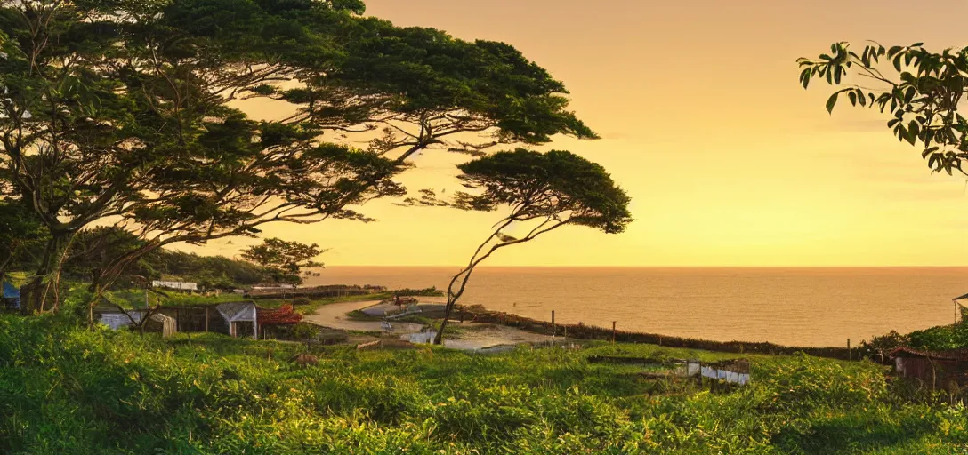 Prompt: countryside next to the ocean by studio ghibli, peaceful, serene, blissful, golden hour