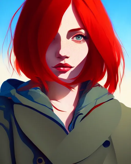 Image similar to a detailed portrait of a beautiful woman with red hair and freckles by ilya kuvshinov, digital art, dramatic lighting, dramatic angle