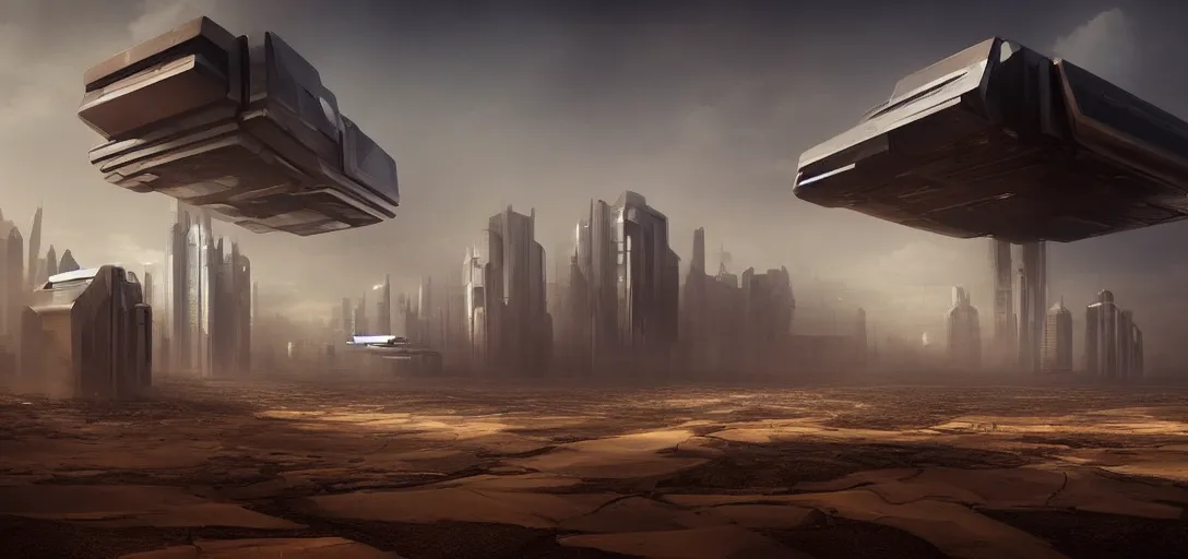 Image similar to view from the desert ground of futuristic mechanical blade runner cubes cyberpunk architecture, light rays, symmetry, cinematic lighting, ultra detailed, sharp, ambient occlusion, bloom, raytracing, by greg rutowski, paul chadeisson and jessica rossier