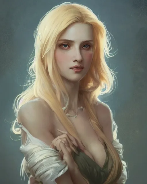 Image similar to '' Portrait of Beautiful blonde Slavic woman in her early 30’s, league of legends, LOL, fantasy, d&d, digital painting, artstation, concept art, sharp focus, illustration, art by greg rutkowski and alphonse mucha ''