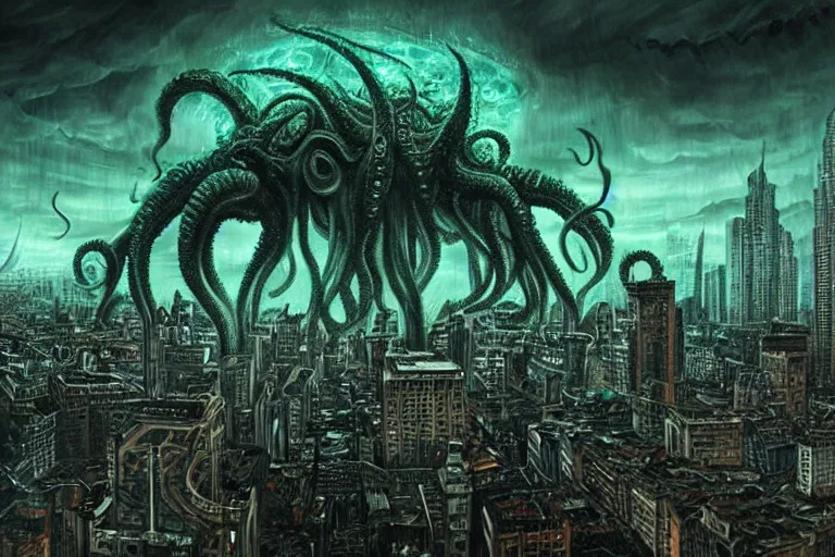 Prompt: man is seeing old god eldritch horror cthulhu terrifying the night sky of a modern city with tall buildings, epic scene, hyper - detailed, gigantic cthulhu, photo - realistic wallpaper, dark art, oil paint