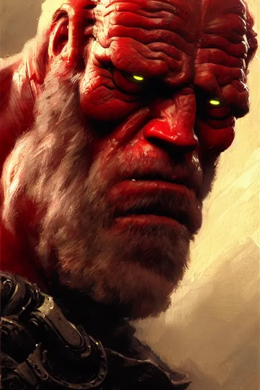 Prompt: extreme close up, facial portrait, joe biden as hellboy, stoic, grim dark, moody, portrait dnd, painting by gaston bussiere, craig mullins, greg rutkowski, yoji shinkawa