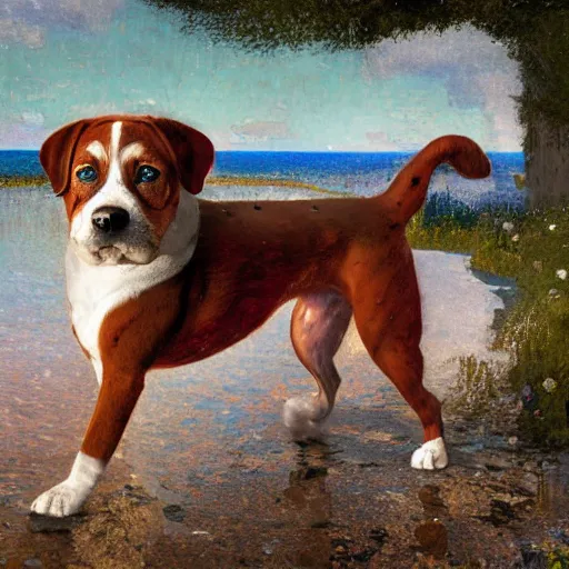 Image similar to summer hyperrealistic photorealistic land crystal boxer dog zinc burgundy baluster, by sandro botticelli and odilon redon and greg rutkowski, 8 k, storybook illustration, impressionism