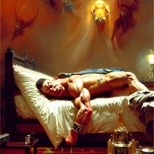 Image similar to john cena ring gear is in his bed, nervous and terrified, because beck lynch from hell is attacking him. highly detailed painting by gaston bussiere, j. c. leyendecker, greg rutkowski, craig mullins 8 k