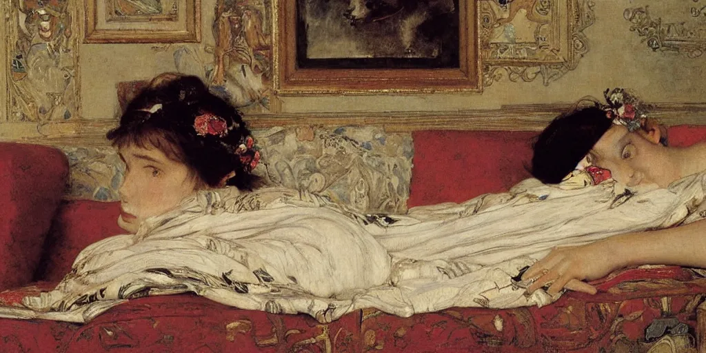 Image similar to A girl reclining on a sofa by Lawrence Alma-Tadema, orientalism,