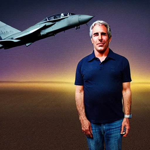 Image similar to aesthetic illustration of jeffrey epstein, wearing a dark blue polo shirt, standing near fighter jet on an empty runway at dusk, high detail, volumetric lights, award winning photo