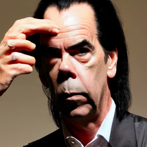 Image similar to Nick Cave pondering his orb