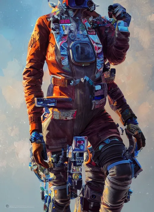 Prompt: detailed full body concept art illustration colorful oil painting of a female pilot in full intricate clothing, ultra detailed, digital art, octane render, 4K, dystopian, micro details, hyper realistic