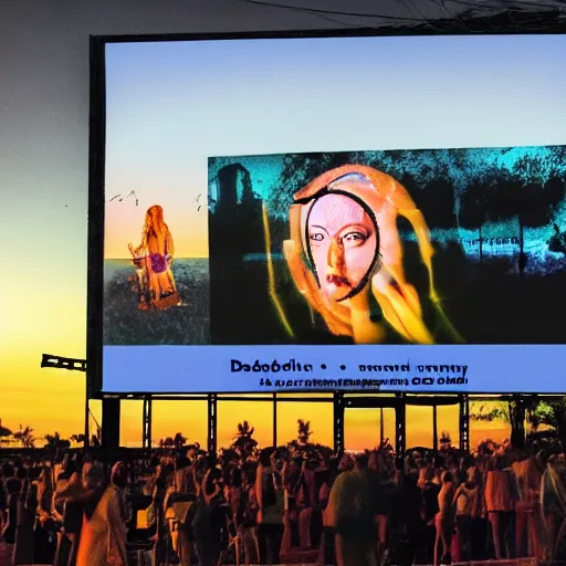 Image similar to futuristic film festival frameout shows films from predominantly domestic production on a summer outdoor cinema screen, salvador dali style