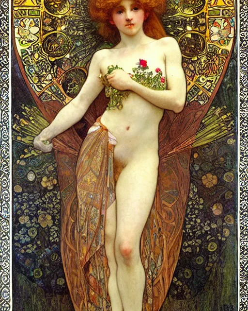 Image similar to an elf princess by Alphonse Mucha, Gustav Klimt and edgar maxence