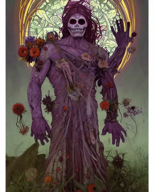 Image similar to the platonic ideal of flowers, rotting, insects and praying of cletus kasady carnage thanos davinci dementor wild hunt chtulu mandala ponyo heavy rain the witcher, d & d, fantasy, ego death, decay, dmt, psilocybin, concept art by randy vargas and greg rutkowski and ruan jia and alphonse mucha