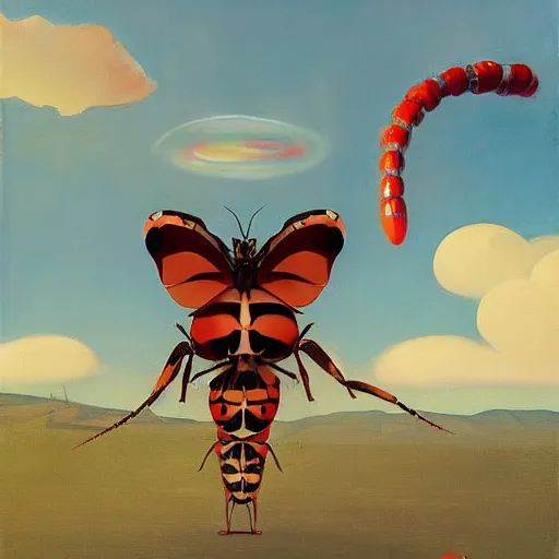 Prompt: Giant insects fly through the air, as a tornado approaches, by Takashi Murakami, Edward Hopper, Bo Bartlett, and Cynthia Sheppard, Artstation