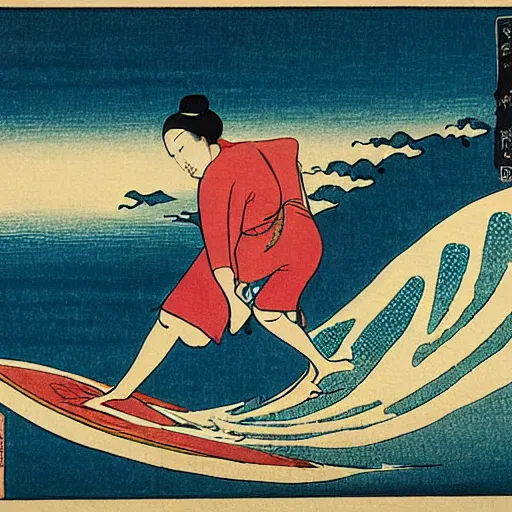 Image similar to girl surfing, woodblock print, style of hokusai, fine art, style of kanagawa, painting