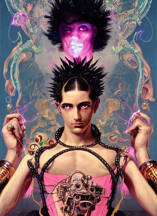 Image similar to full-body rococo and cyberpunk style sculpture of a young seductive Latino prince half android with a chest exposing circuitry, glowing pink seductive laser eyes, crown of blue sparks and diamonds, swirling orange-colored silk fabric, robotic raptors. baroque elements. full-length view. intricate artwork by caravaggio. art by Artgerm and Greg Rutkowski and Alphonse Mucha, Trending on artstation, cinematic industrial lighting, hyper realism, octane render, 8k, depth of field, 3D
