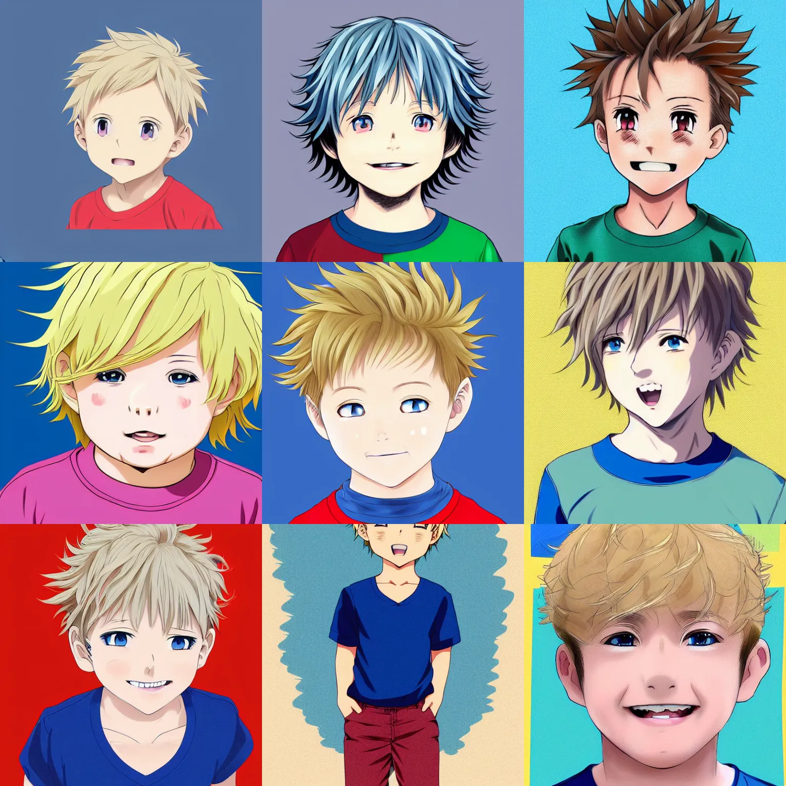 Prompt: A medium shot anime portrait of a young smiling anime boy child with extremely short curly wavy light blonde hair and blue eyes, bald sides, blue-eyed, chubby face, very young, 4yr old, medium shot portrait, wavy and short top hair, his whole head fits in the frame, solid color background, flat anime style shading, head shot, 2d digital drawing by Stanley Artgerm Lau, WLOP, Rossdraws, James Jean, Andrei Riabovitchev, Marc Simonetti, and Sakimi chan, trending on artstation