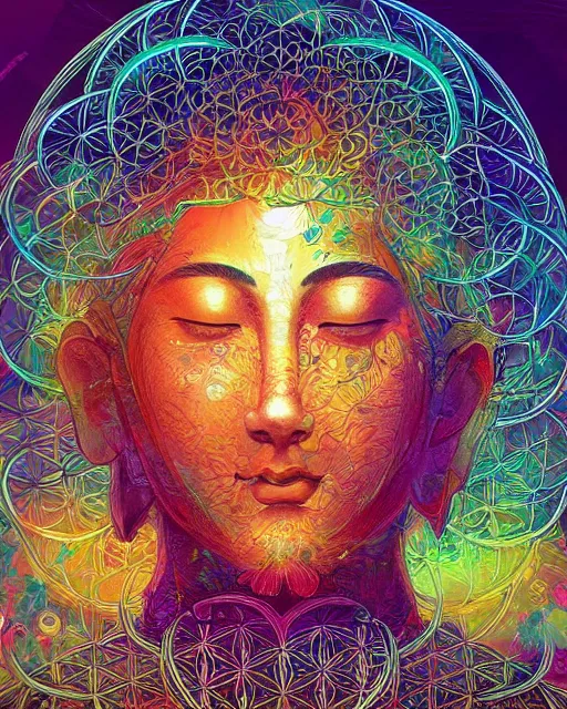 Prompt: flower of life contented peaceful open eyes smiling male bodhisattva, praying meditating, portrait, intricate, colorful, symmetrical, art by artgerm and wlop and james jean and carne griffiths, artstation 8 k uhd