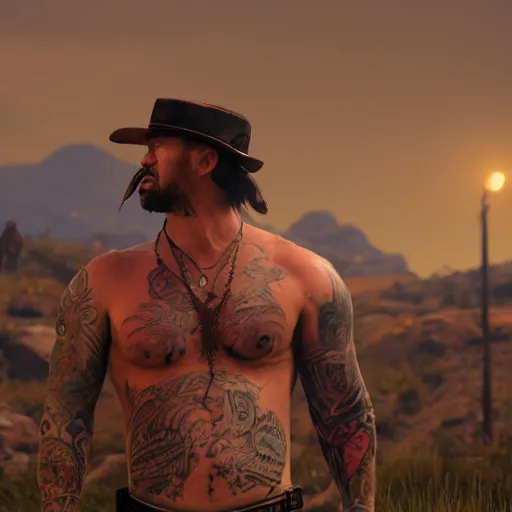 Prompt: highly detailed portrait of a tattooed gym bro in red dead redemption 2, stephen bliss, unreal engine, fantasy art by greg rutkowski, loish, rhads, ferdinand knab, makoto shinkai and lois van baarle, ilya kuvshinov, rossdraws, tom bagshaw, global illumination, radiant light, detailed and intricate environment