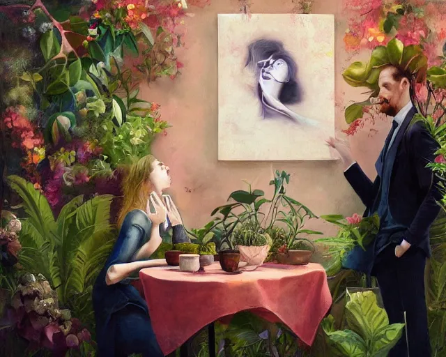 Image similar to an excited couple redefining love in a caffe surrounded by plants, expressionist painting by Francis Bacon, tom bagshaw, mark rothko, artstation